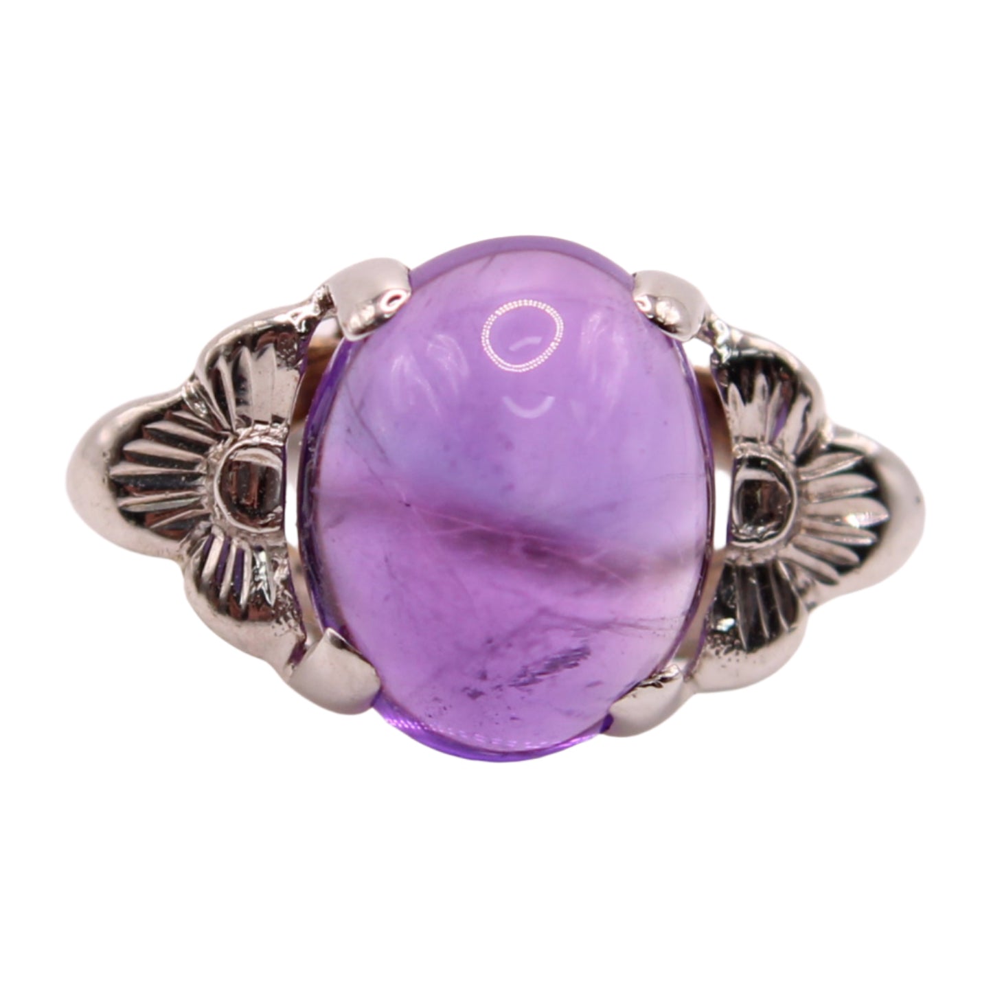 10kt White Gold Amethyst Cabochon Floral Cocktail Ring - 8
