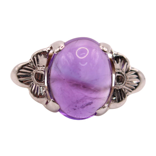 10kt White Gold Amethyst Cabochon Floral Cocktail Ring - 8