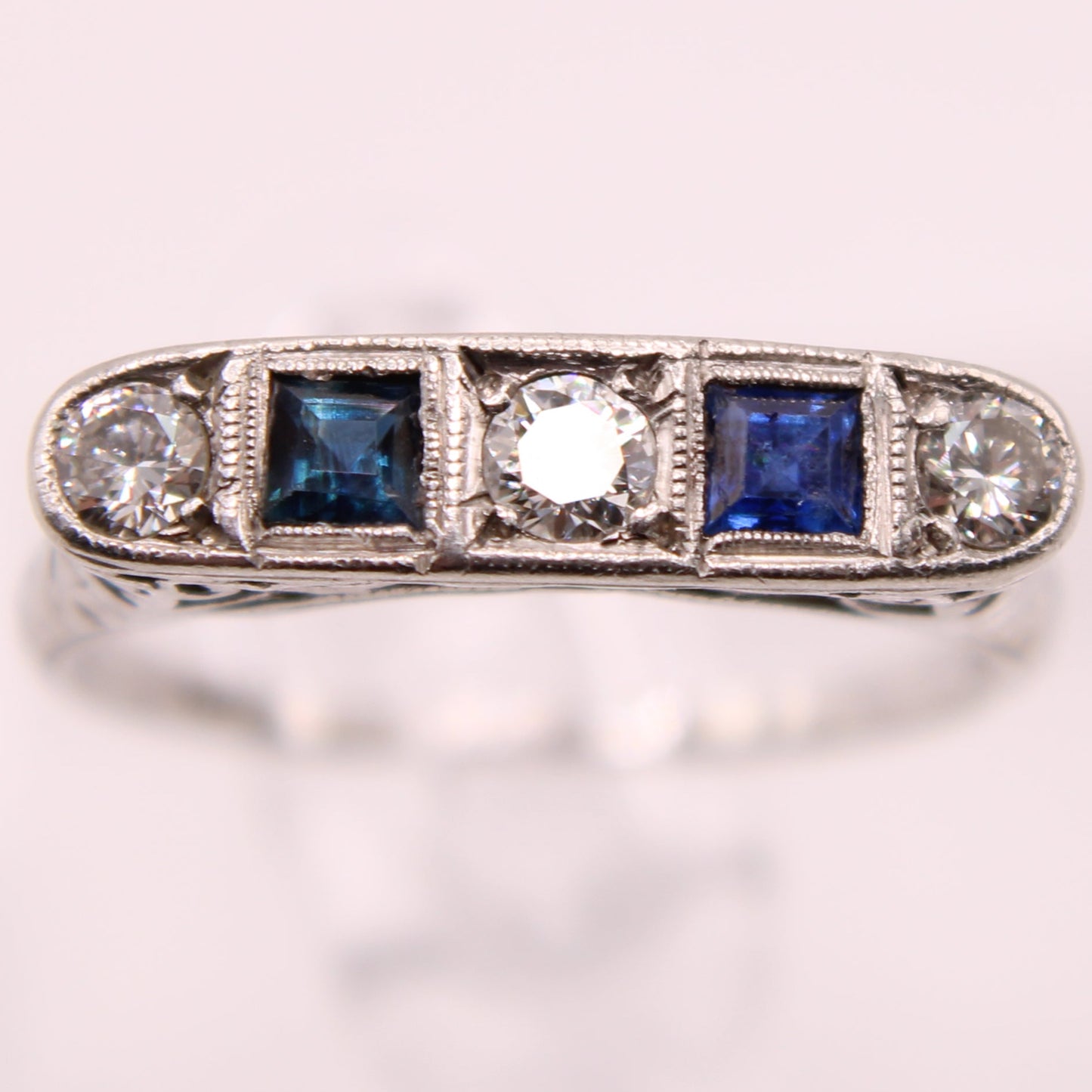 Antique Art Deco Platinum Diamond Sapphire Filigree Stacker Ring 6.25