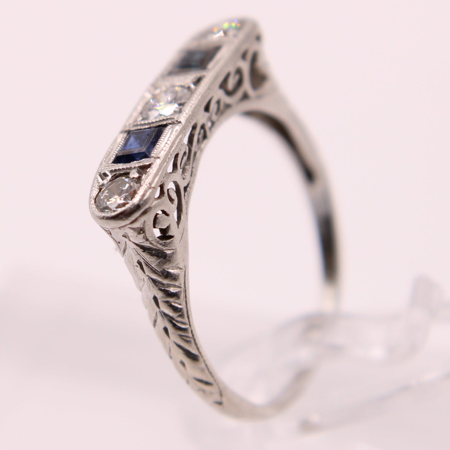Antique Art Deco Platinum Diamond Sapphire Filigree Stacker Ring 6.25