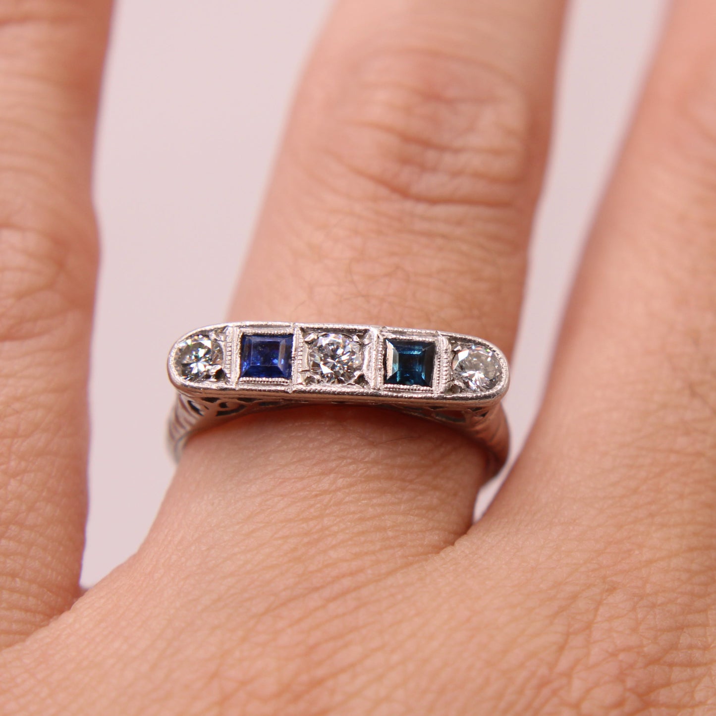 Antique Art Deco Platinum Diamond Sapphire Filigree Stacker Ring 6.25