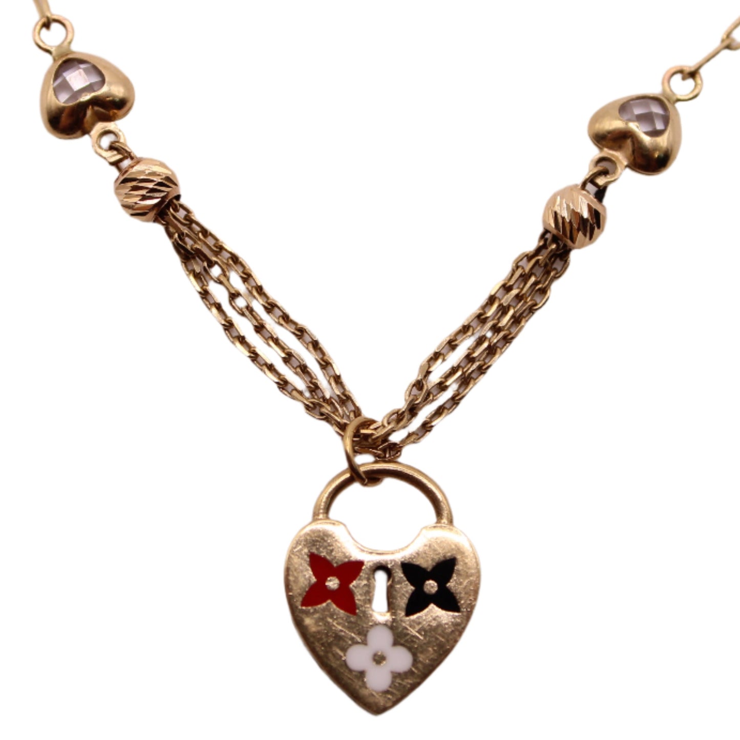 10kt Yellow Gold Enamel Heart Lock Clover Blossom Adjustable Chain Charm Bracelet