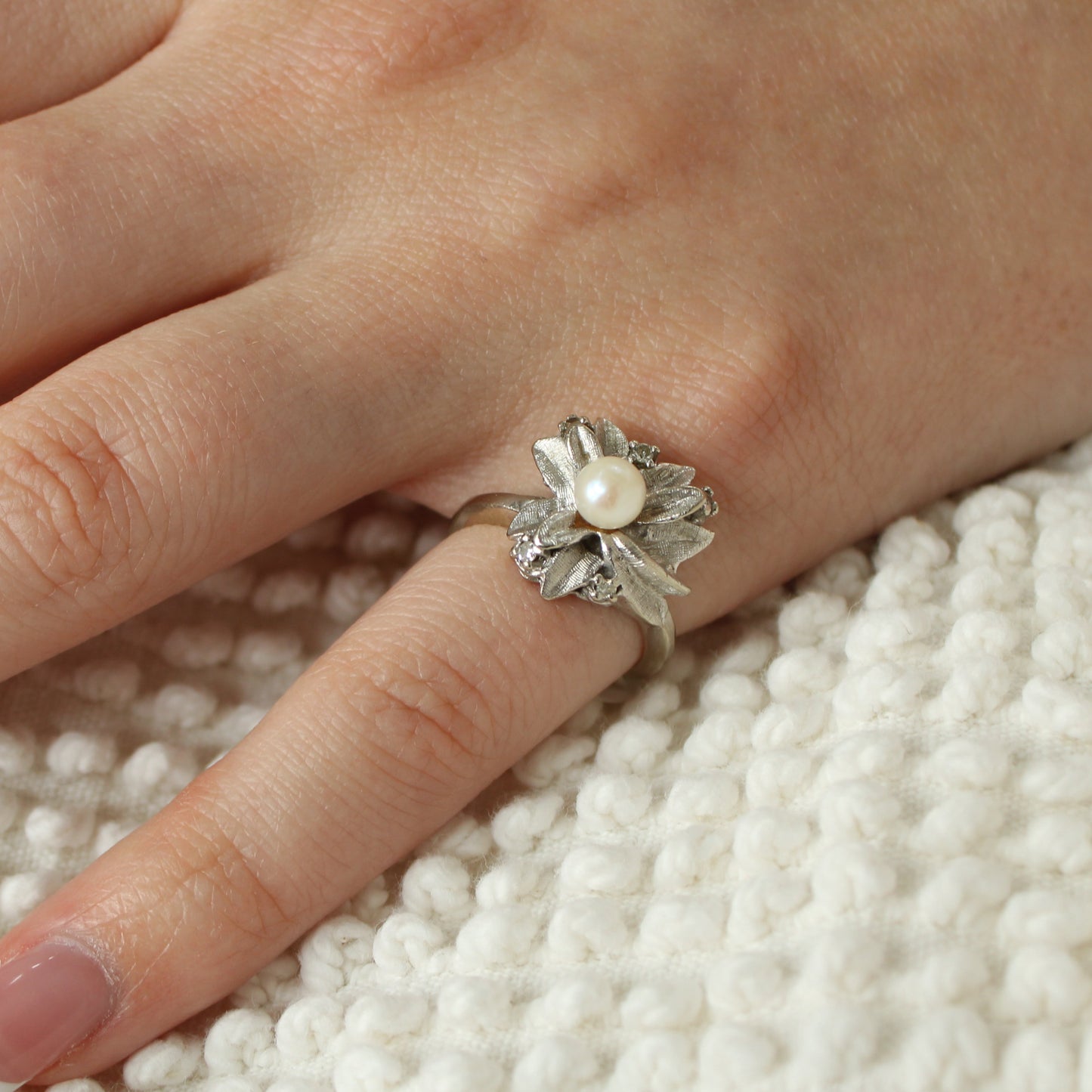 Antique Dason 14kt White Gold Diamond Pearl Flower Cocktail Ring