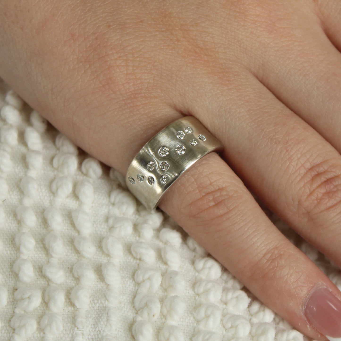 14kt White Gold Diamond Flush Set Constellation Scattered Satin Finish Ring