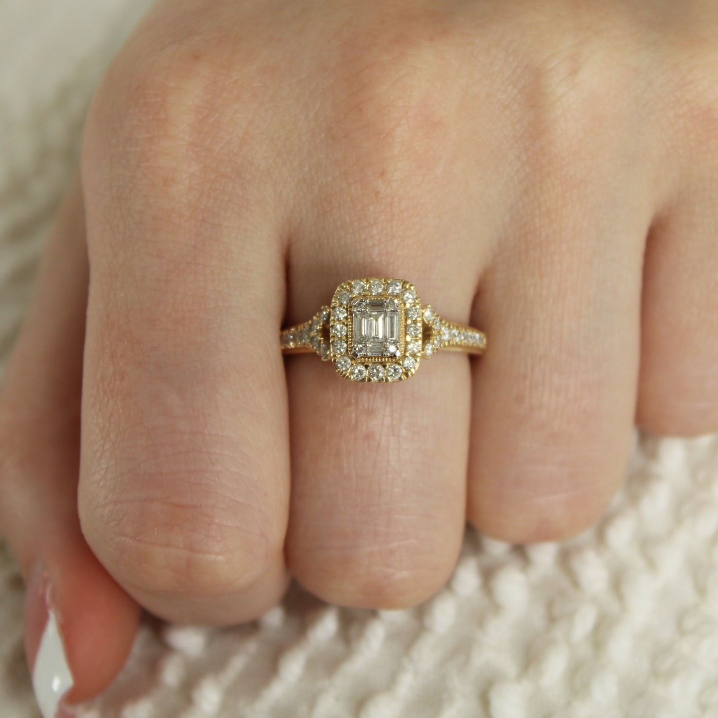 14kt Yellow Gold Diamond Round & Emerald Cut Midcentury Modern Engagement Ring