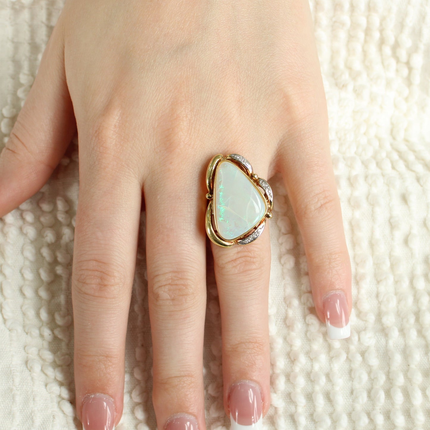*SOLD* Vintage 14kt Yellow White Gold Large Natural Australian Opal Fire Diamond Cocktail Ring