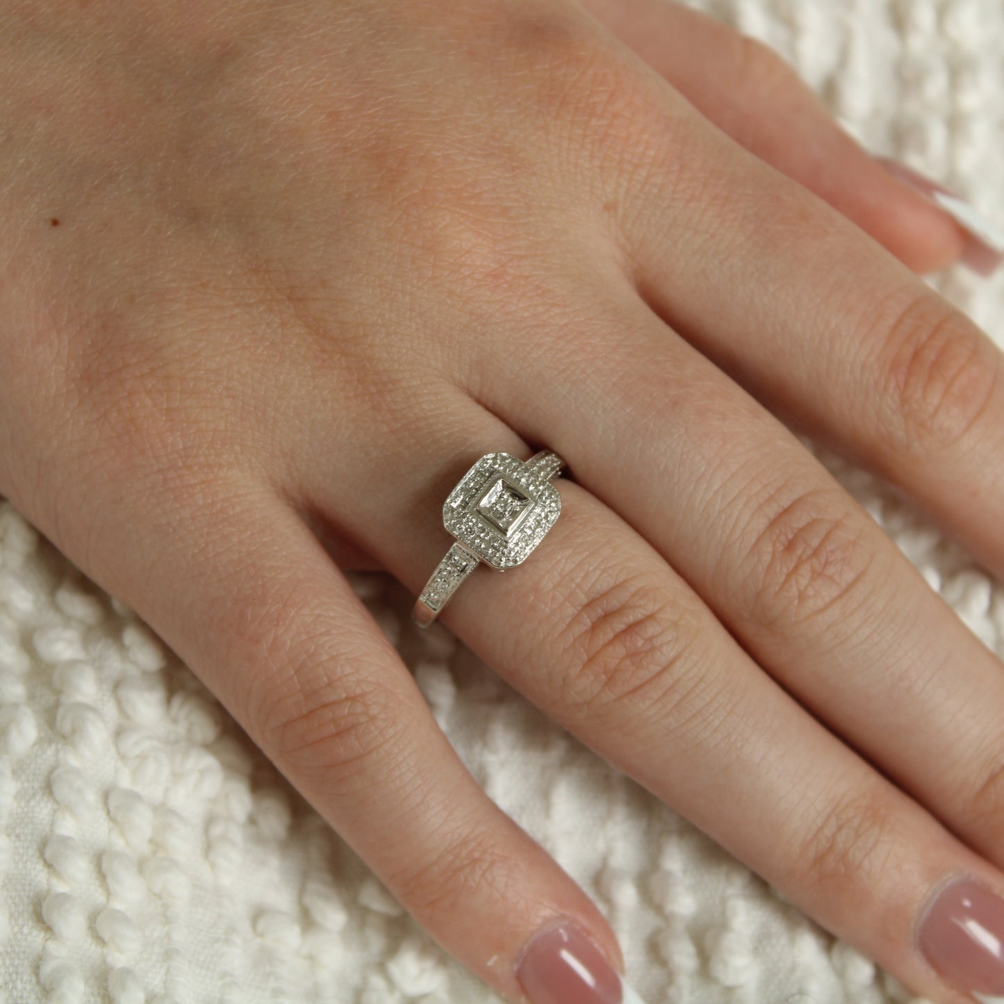 10kt White Gold Diamond Halo Vintage Milgrain Style Engagement Ring
