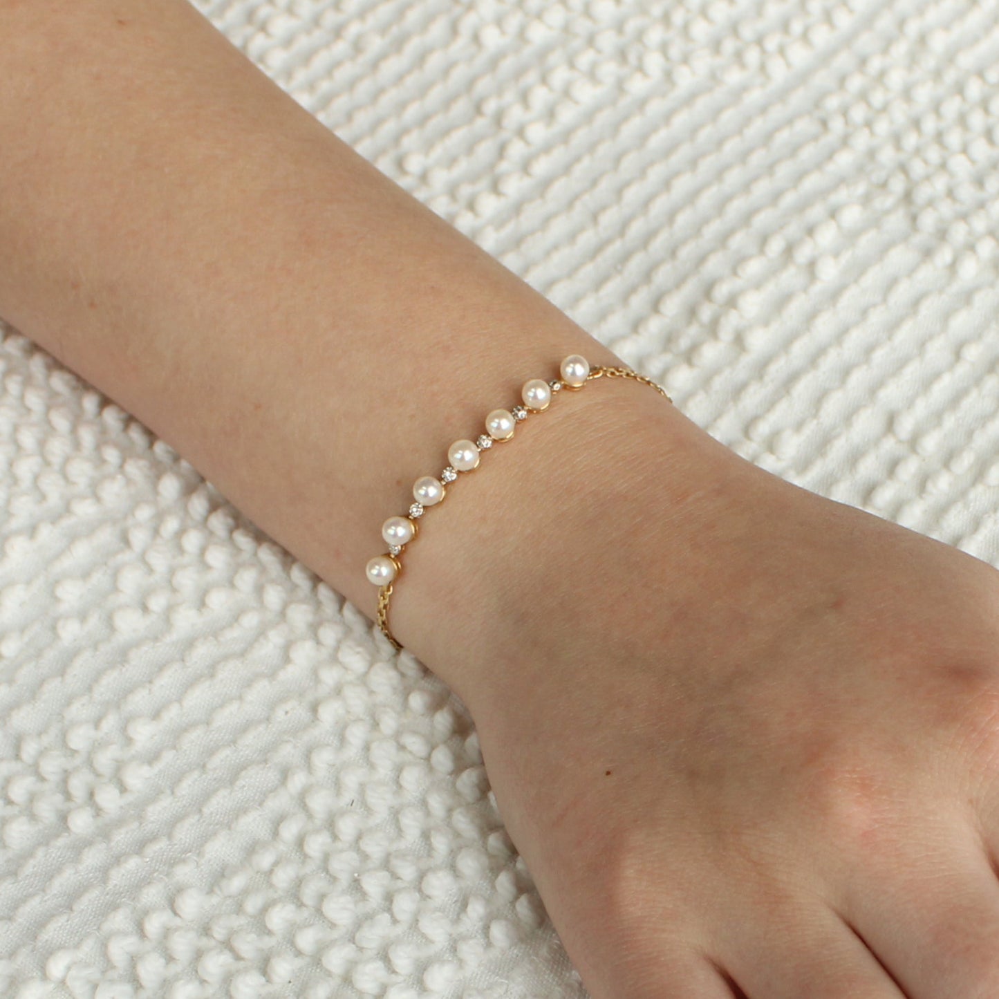 14k Yellow Gold Mexico Pearl Diamond Line Dainty Chain Bracelet 6.75"