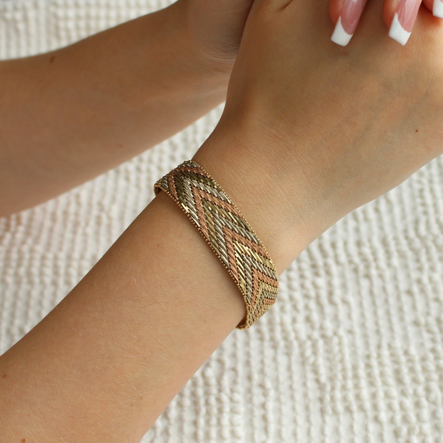 14kt Italy TriColor Yellow White Rose Gold Wide Woven Chevron Bracelet 7"