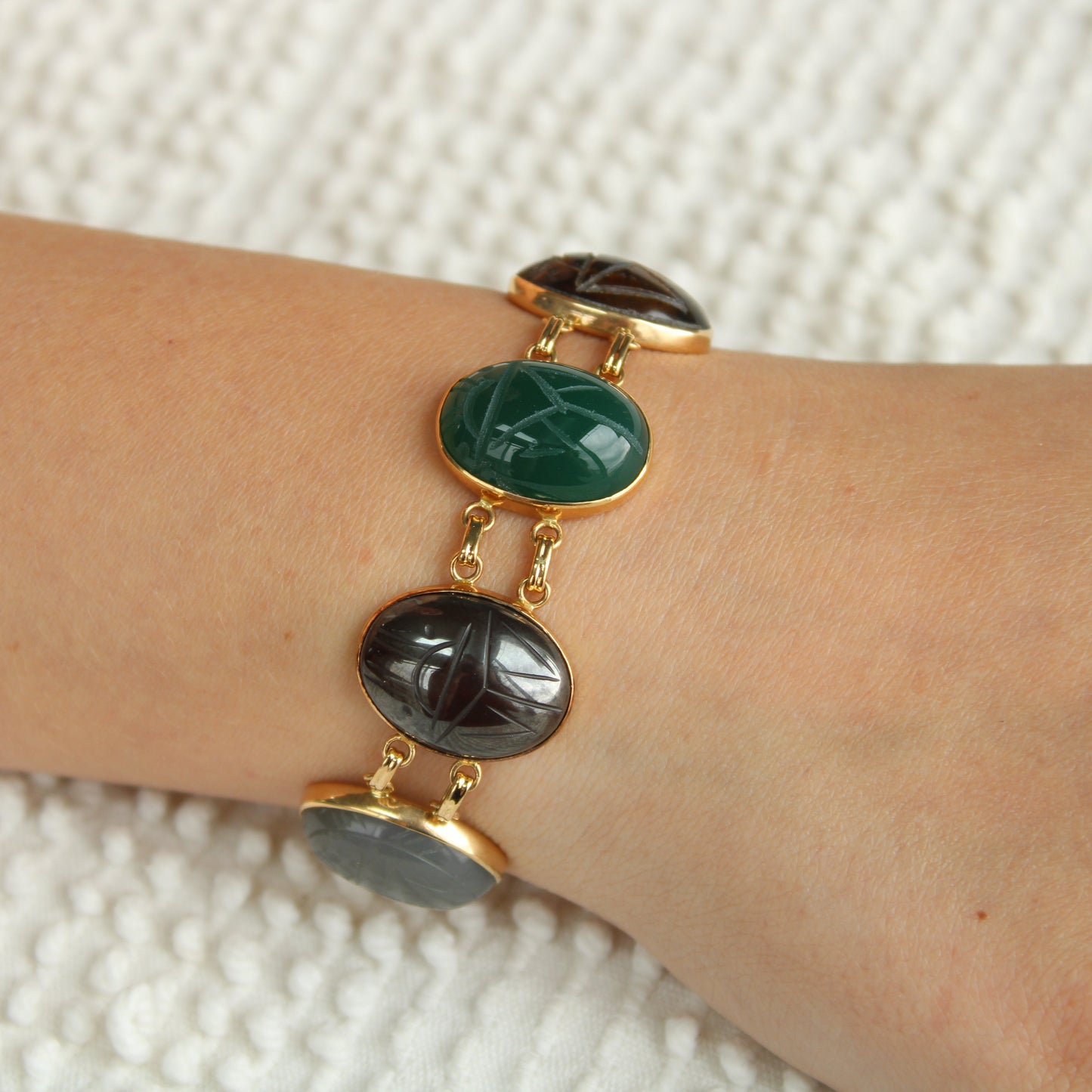 Vintage WRE 14kt Yellow Gold Large Scarab 7 Multi Gemstone Bracelet
