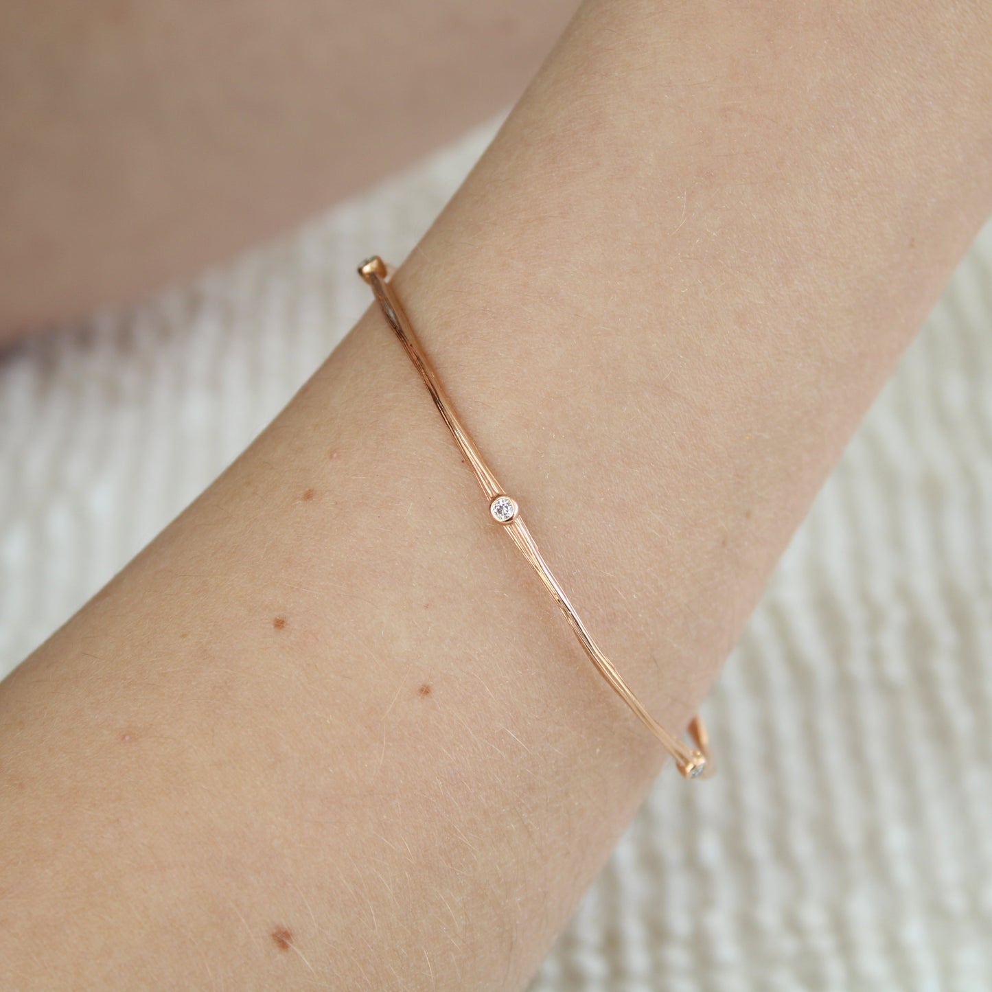 *SOLD* 14kt Rose Gold Diamond 0.25CT Organic Wood Texture Bangle Bracelet 8"