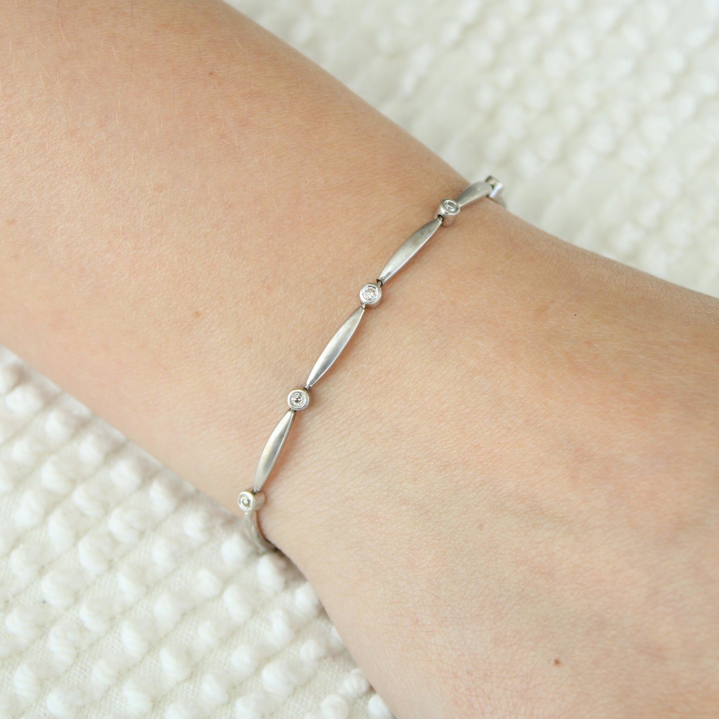 *SOLD* 10kt White Gold Diamond Bezel Station Matte Finish FD Signed Link Bracelet