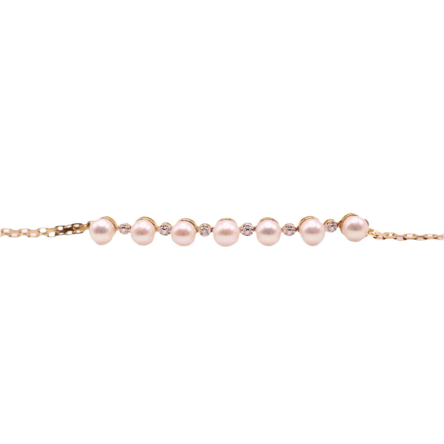 14k Yellow Gold Mexico Pearl Diamond Line Dainty Chain Bracelet 6.75"