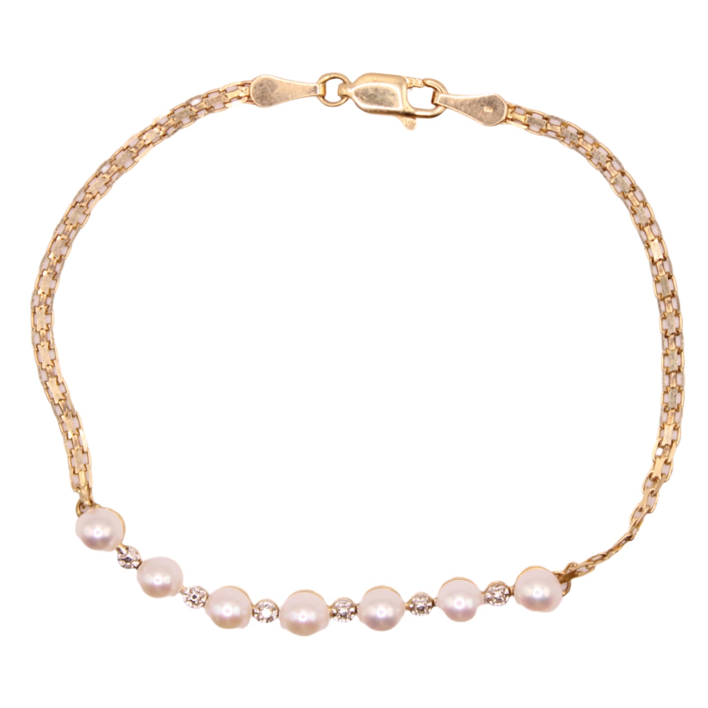 14k Yellow Gold Mexico Pearl Diamond Line Dainty Chain Bracelet 6.75"