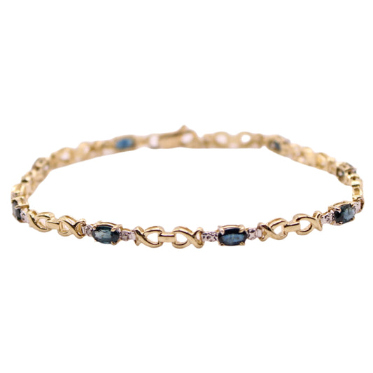 10kt Yellow Gold Natural Blue Sapphire Diamond Illusion Chain Bracelet 7"