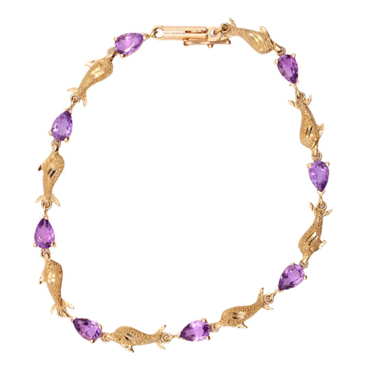 Aurafin 14kt Yellow Gold Dolphin Oval Amethyst Chain Link Bracelet