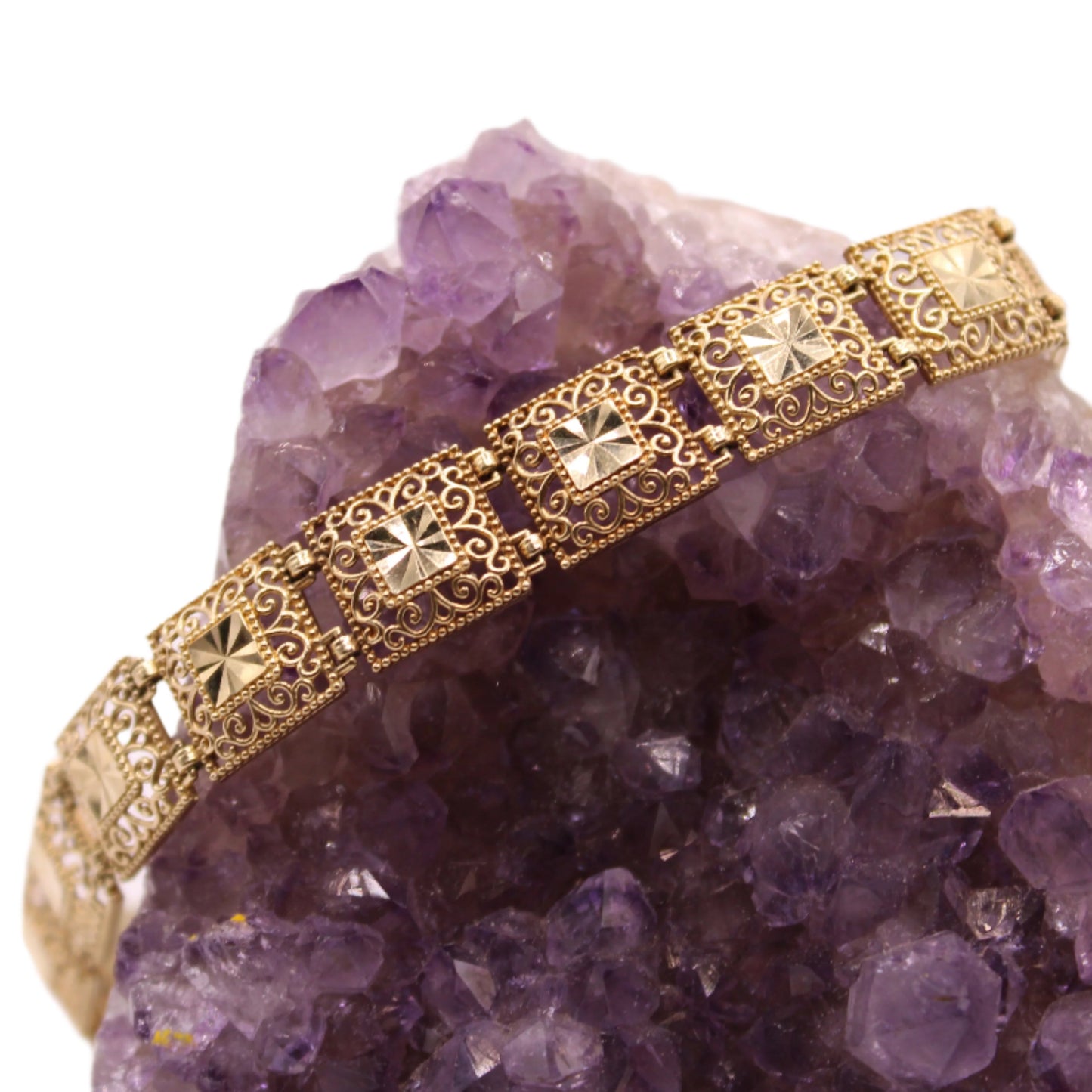 10kt Yellow Gold Square Open Filigree Scroll Link Bracelet 7"