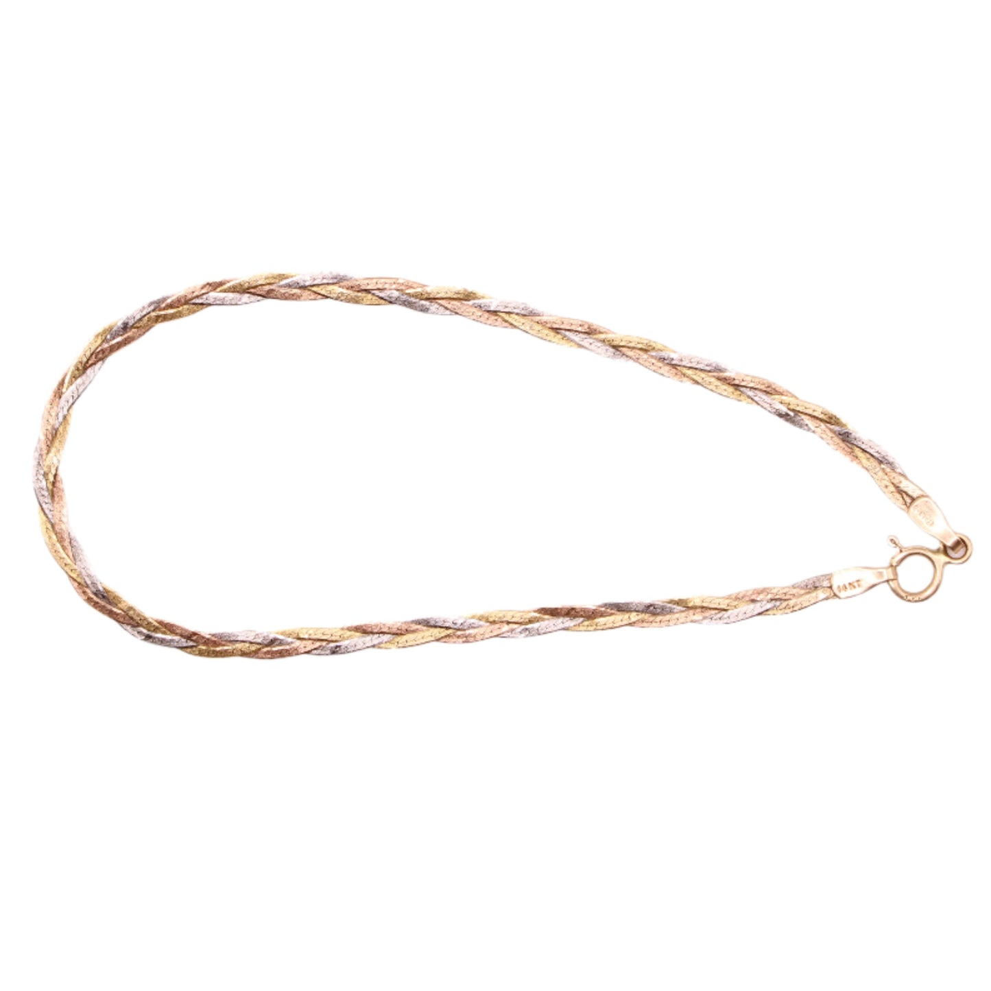 14kt TriColor Yellow White Rose Braided Dainty Chain Link Bracelet