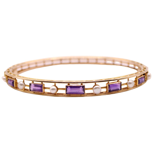 Vintage 14kt Yellow Gold Amethyst Seed Pearl Open Cage Bangle Bracelet 7"