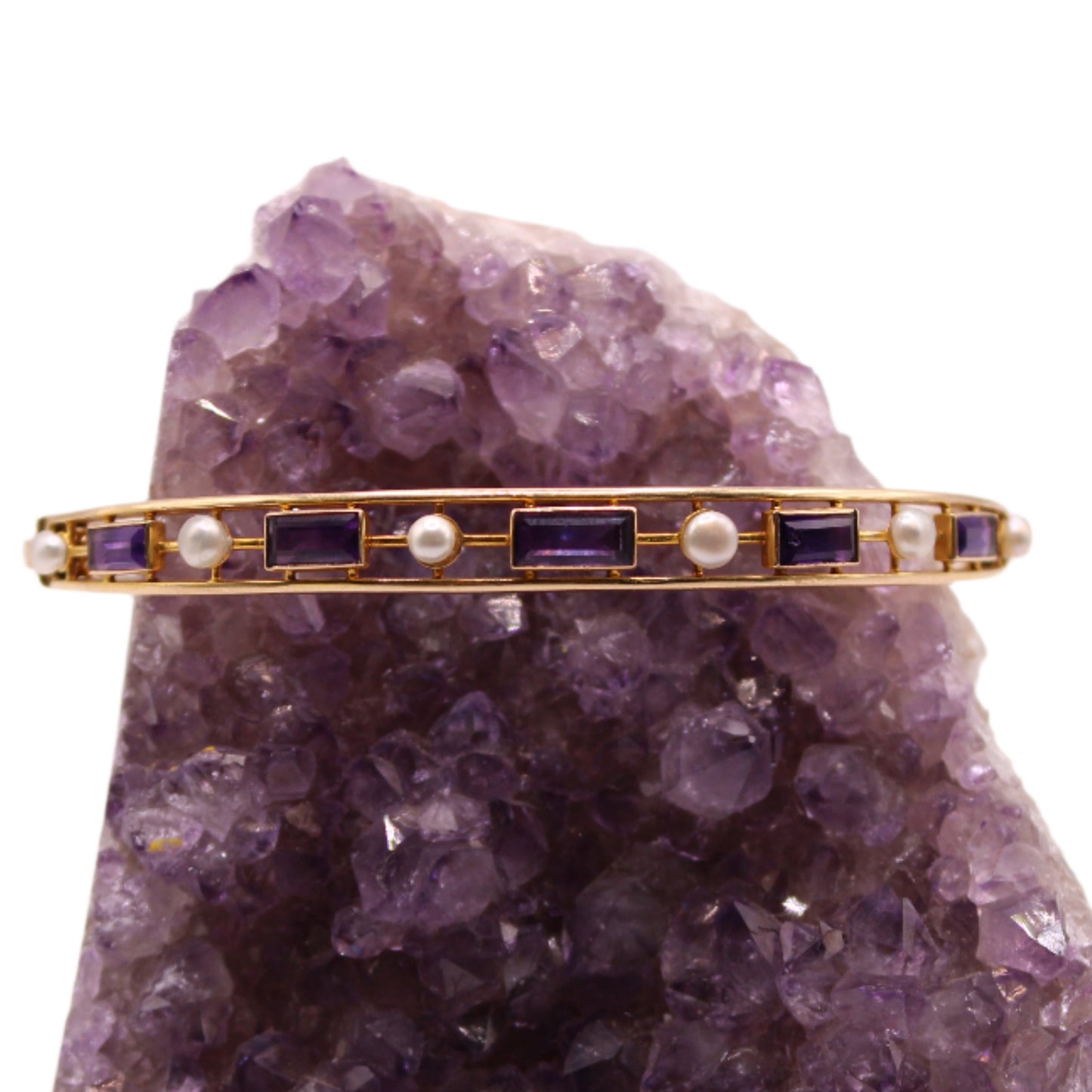 Vintage 14kt Yellow Gold Amethyst Seed Pearl Open Cage Bangle Bracelet 7"