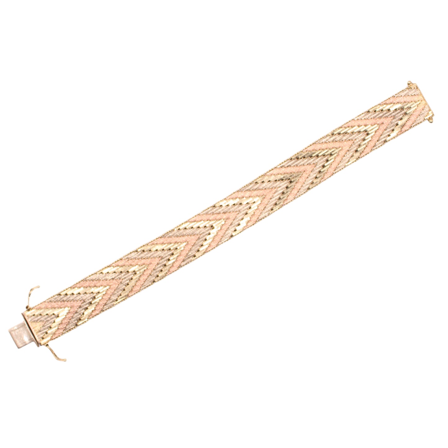 14kt Italy TriColor Yellow White Rose Gold Wide Woven Chevron Bracelet 7"