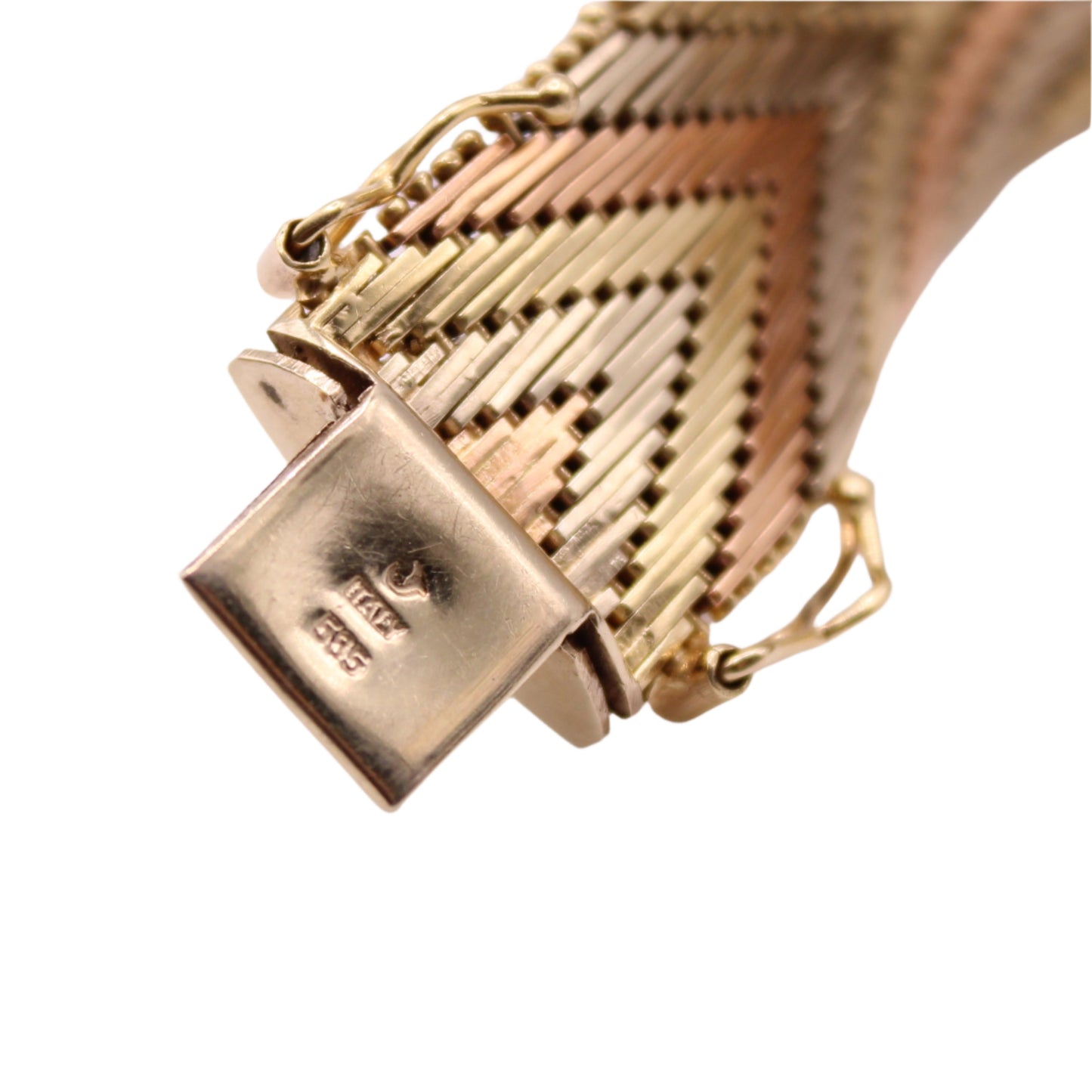14kt Italy TriColor Yellow White Rose Gold Wide Woven Chevron Bracelet 7"