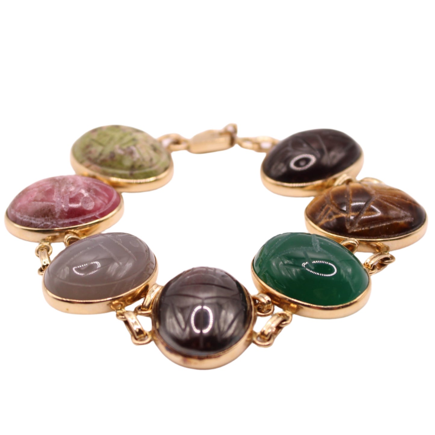Vintage WRE 14kt Yellow Gold Large Scarab 7 Multi Gemstone Bracelet