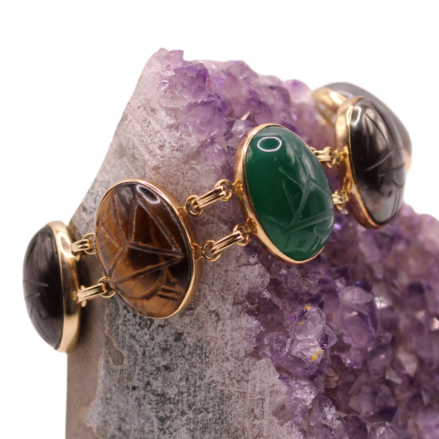 Vintage WRE 14kt Yellow Gold Large Scarab 7 Multi Gemstone Bracelet