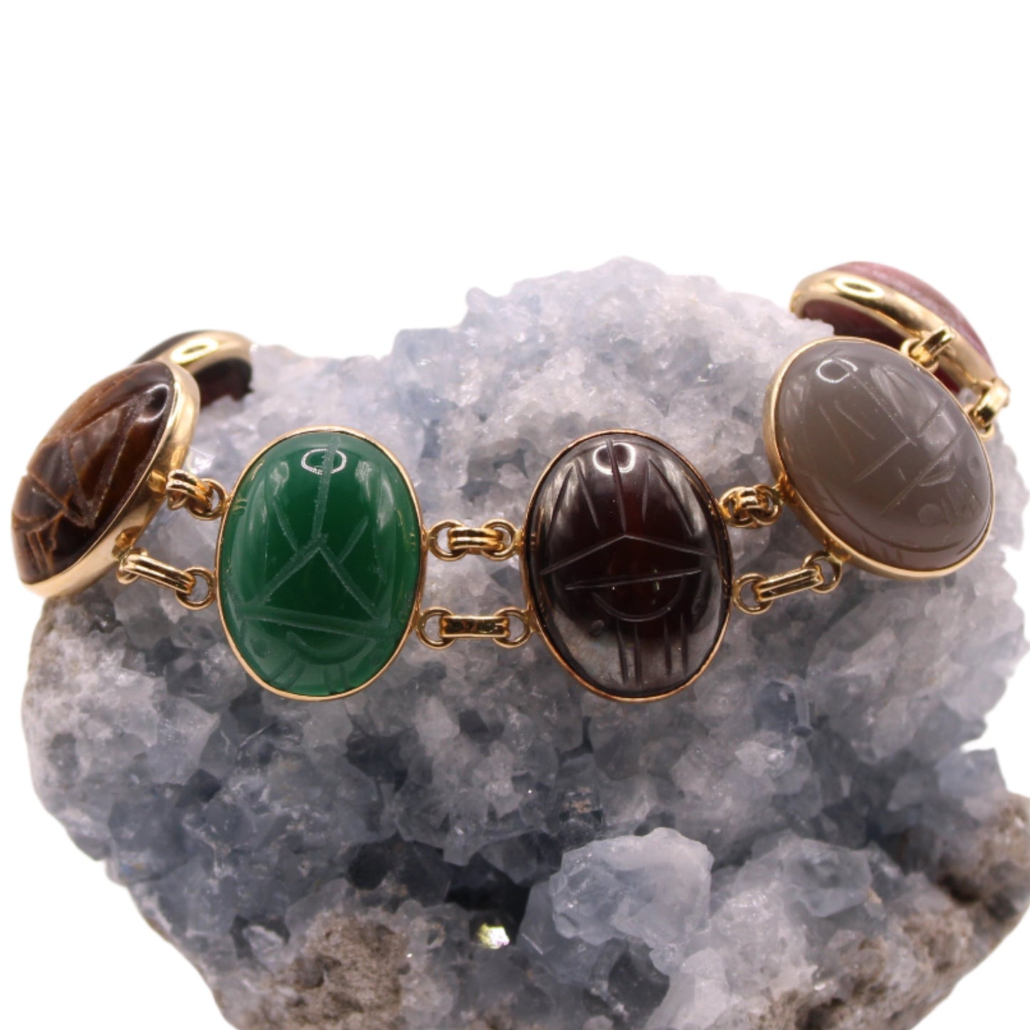 Vintage WRE 14kt Yellow Gold Large Scarab 7 Multi Gemstone Bracelet