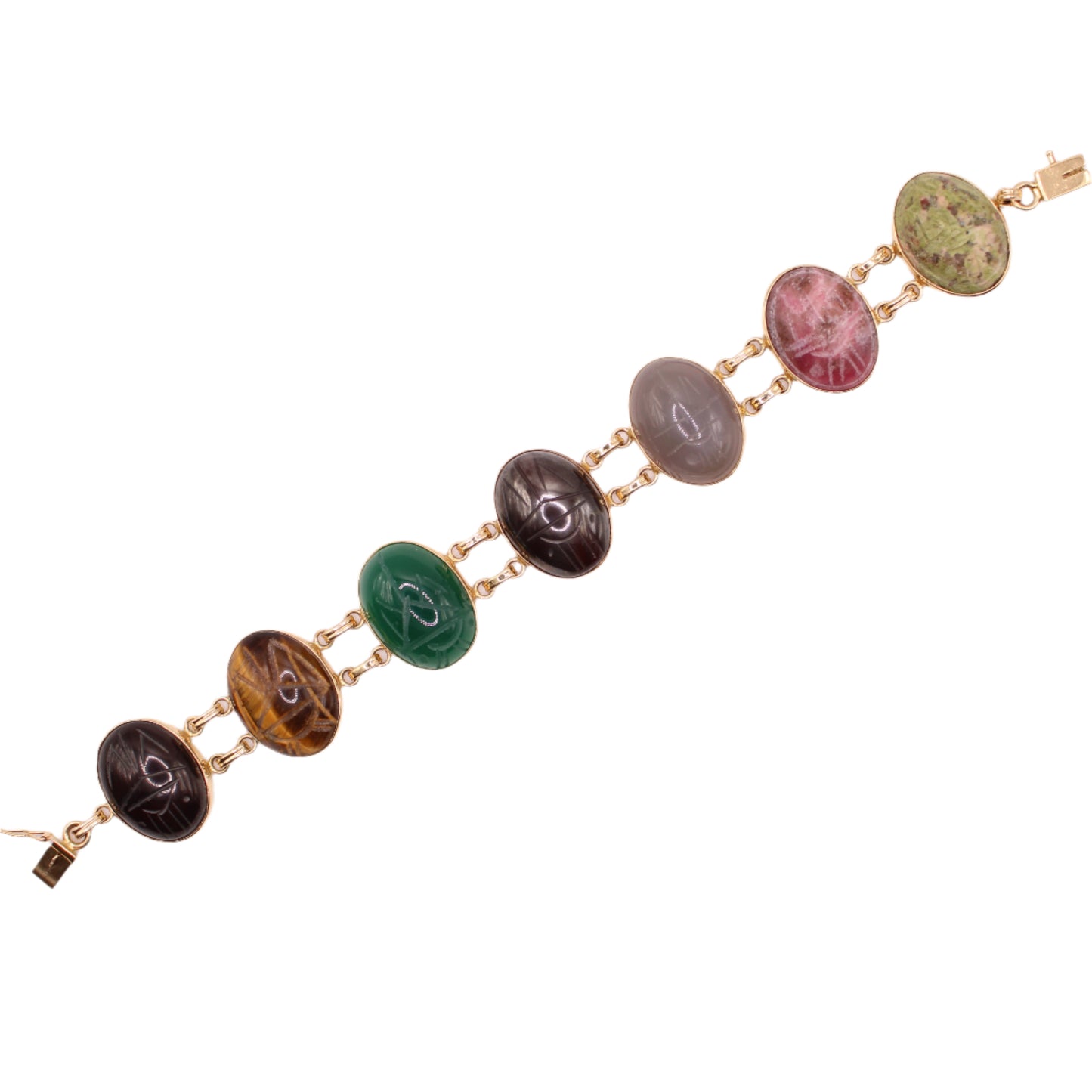 Vintage WRE 14kt Yellow Gold Large Scarab 7 Multi Gemstone Bracelet