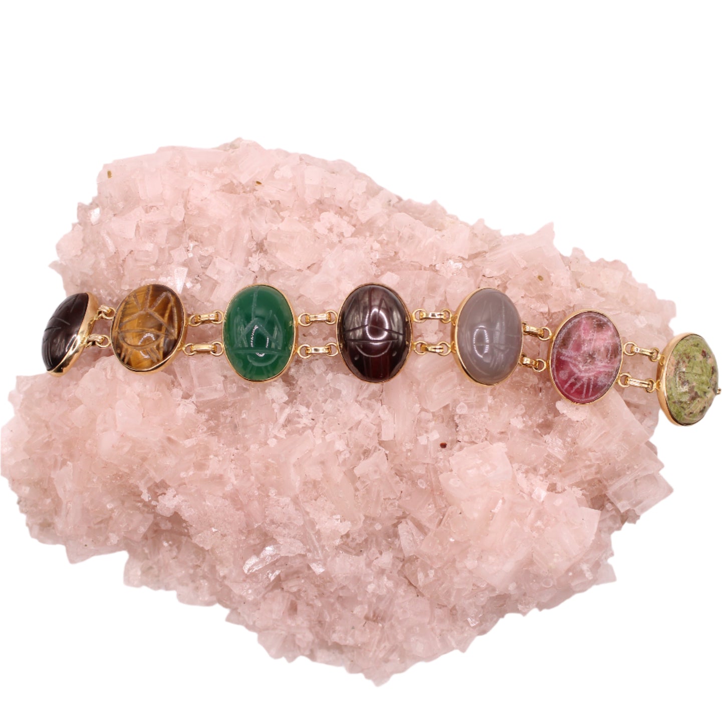 Vintage WRE 14kt Yellow Gold Large Scarab 7 Multi Gemstone Bracelet