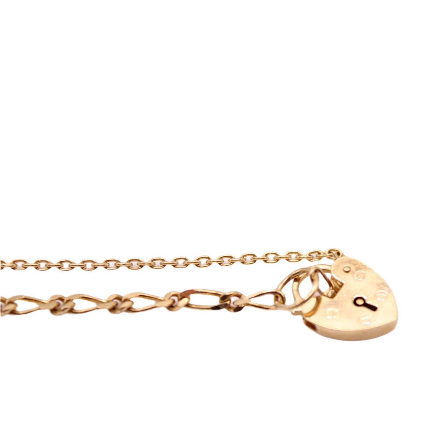 Vintage 9kt Yellow Gold English Figaro Etched Heart Locket Charm Bracelet