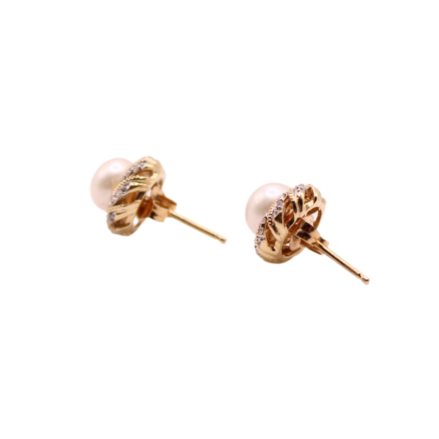 Alwand Vahan 14kt Two Tone Yellow White Gold Diamond Halo Pearl Pierced Stud Earrings