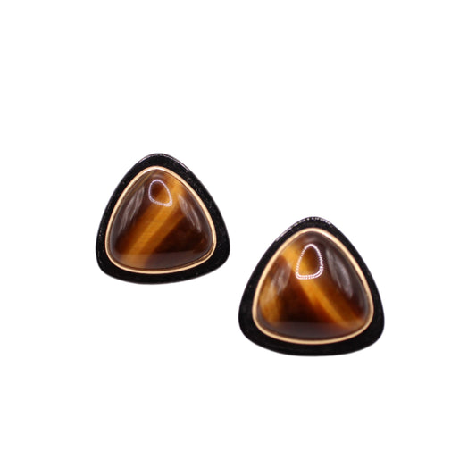 14kt Yellow Gold Cabochon Tigereye Onyx 1" Triangle Post Earrings