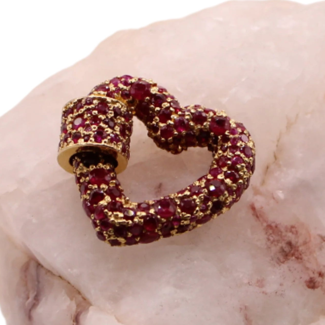 *SOLD* 9kt Yellow Gold Ruby Encrusted Heart Caribiner Enhancer Pendant