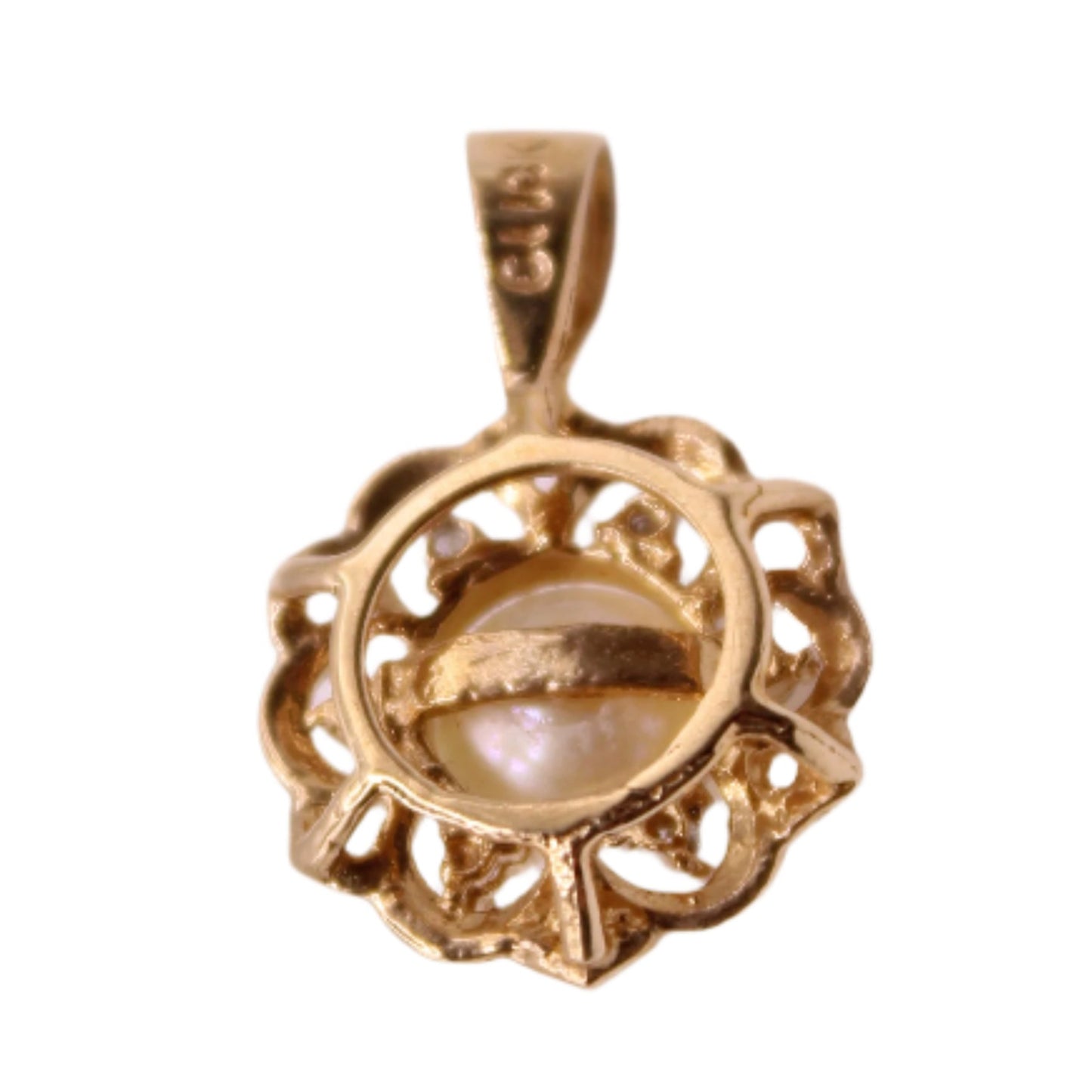 Vintage 10kt Yellow Gold Diamond Pearl Mandala Floral Flower Pendant