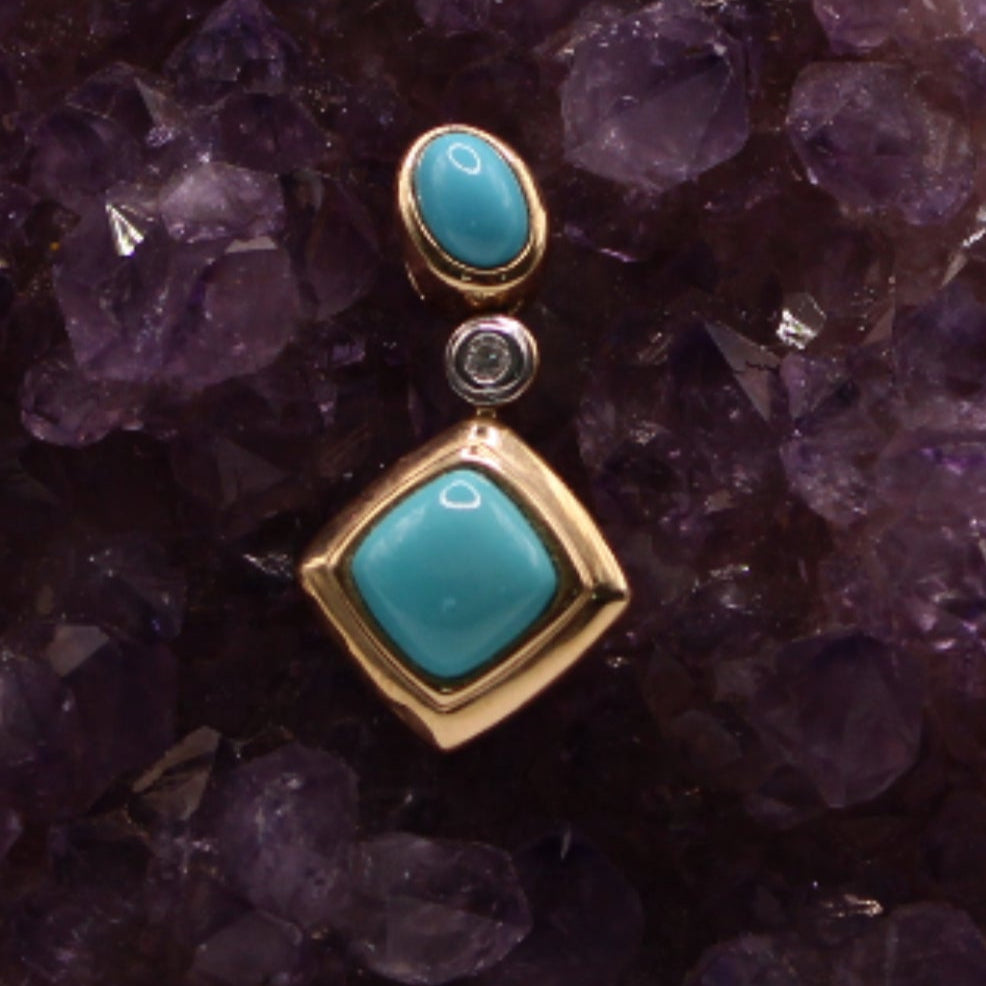 *SOLD* 14kt Yellow Gold Sleeping Beauty Cabochon Turquoise Diamond Pendant