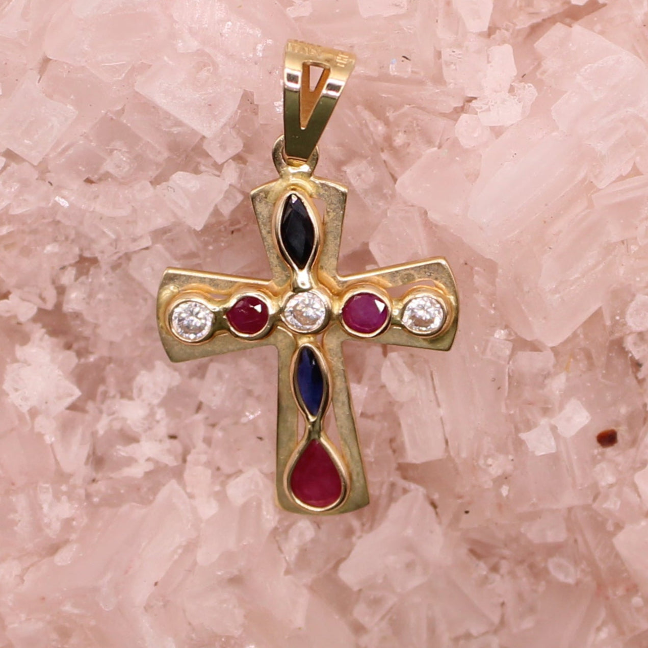 *SOLD* 14kt Yellow Gold Natural Diamond Ruby Sapphire Bezel Set Cross Pendant