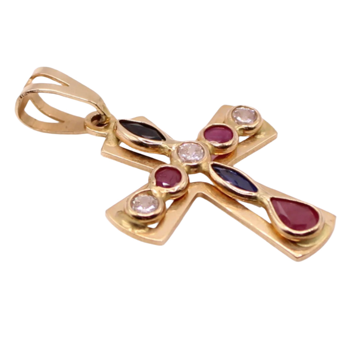 *SOLD* 14kt Yellow Gold Natural Diamond Ruby Sapphire Bezel Set Cross Pendant