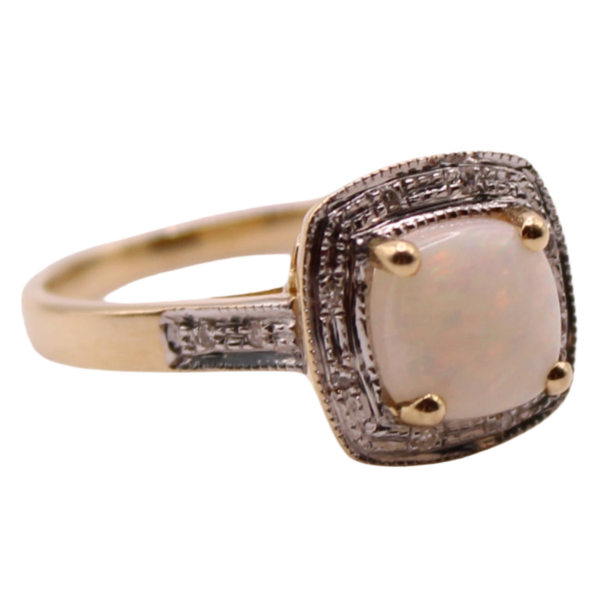 14kt Two Tone Yellow White Gold Diamond Cushion Cut Cabochon Opal Halo Ring