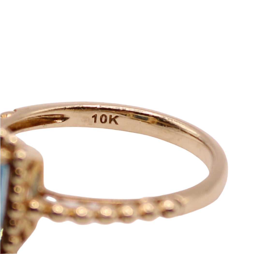 10kt Yellow Gold 2 CT Blue Topaz Emerald Cut Beaded Frame Cocktail Ring