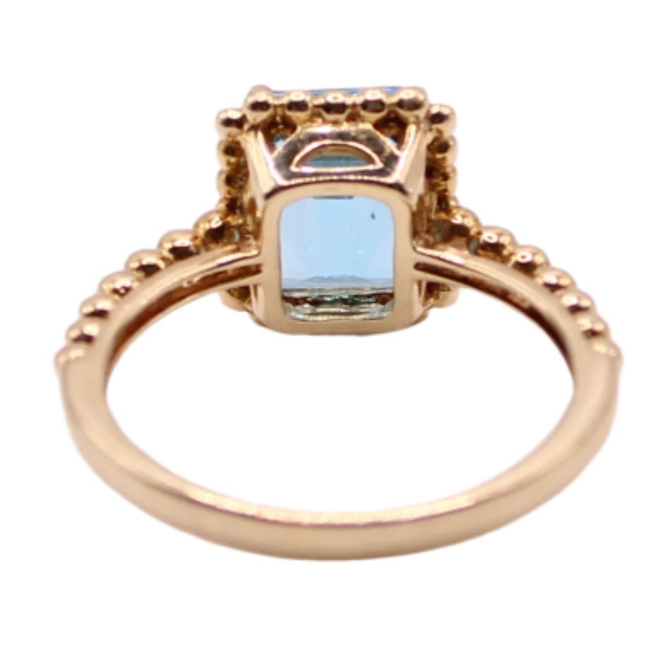 10kt Yellow Gold 2 CT Blue Topaz Emerald Cut Beaded Frame Cocktail Ring