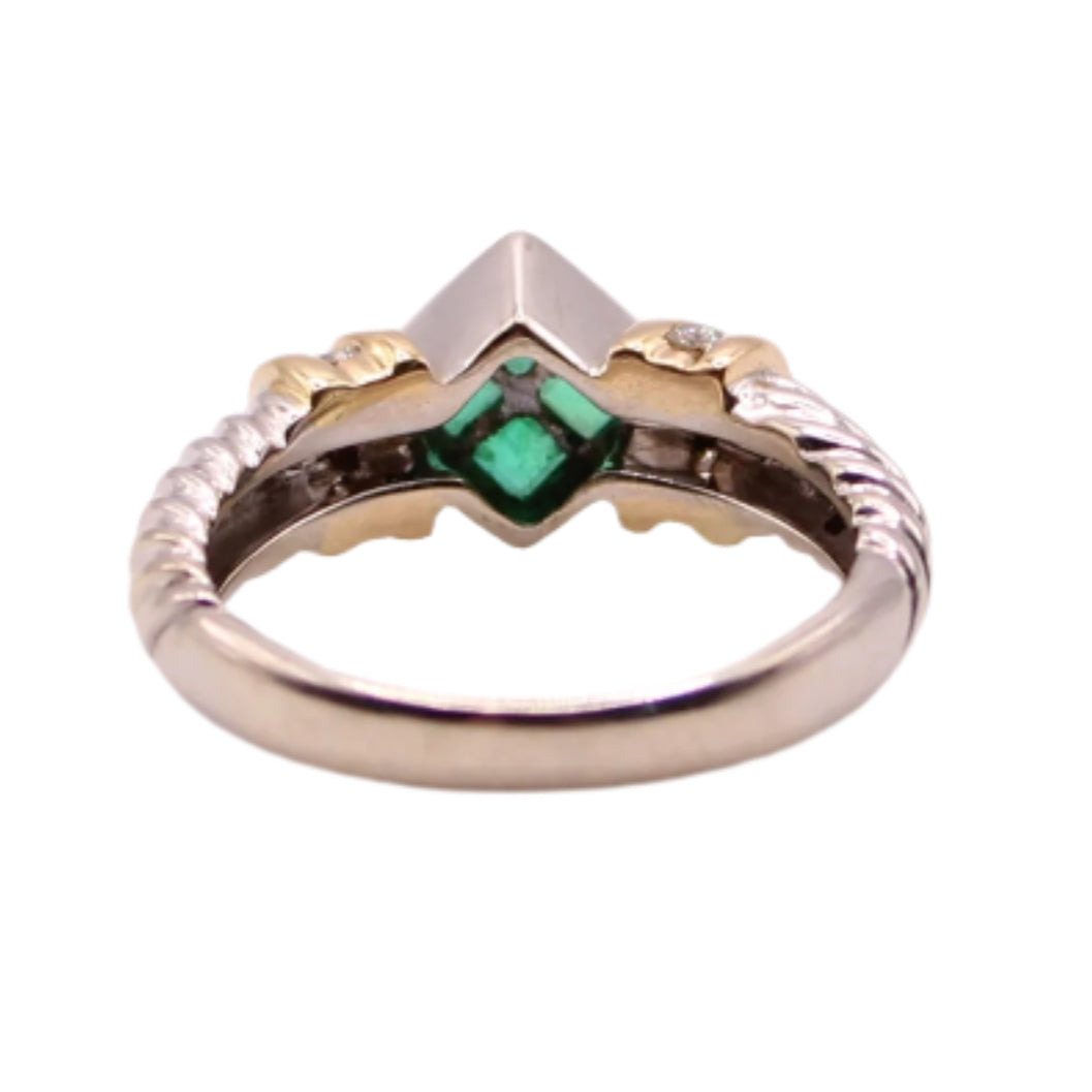 14kt Two Tone Gold Diamond Colombian Emerald White Yellow Twist Cable Ring