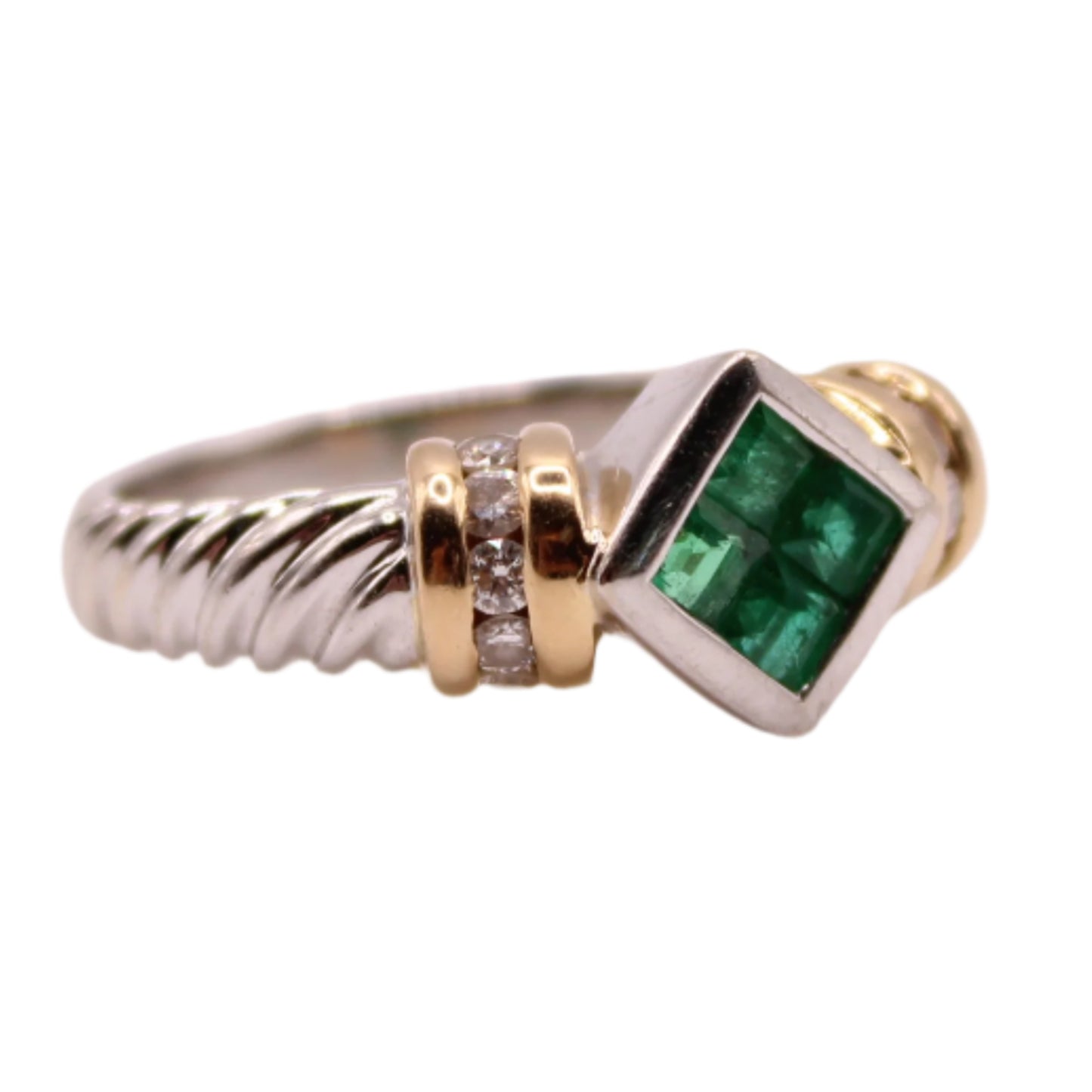 14kt Two Tone Gold Diamond Colombian Emerald White Yellow Twist Cable Ring