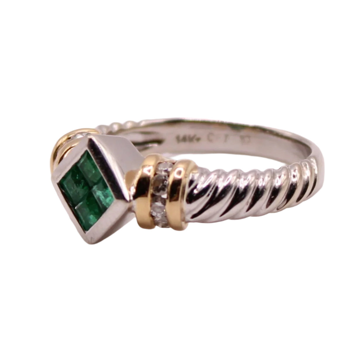 14kt Two Tone Gold Diamond Colombian Emerald White Yellow Twist Cable Ring
