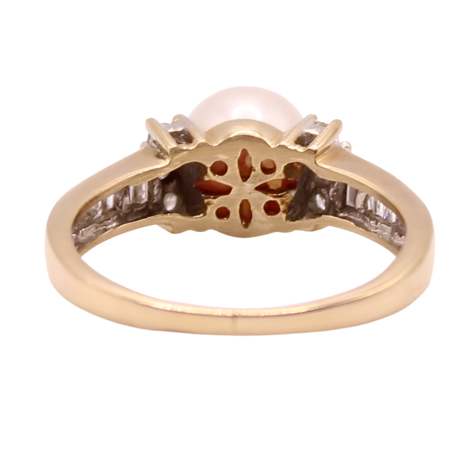 14kt Yellow Gold Diamond Pearl Bow Ring For Anniversary Birthstone Engagement