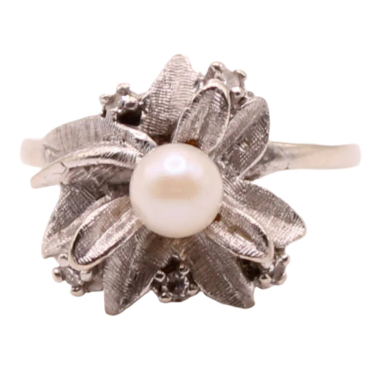 Antique Dason 14kt White Gold Diamond Pearl Flower Cocktail Ring