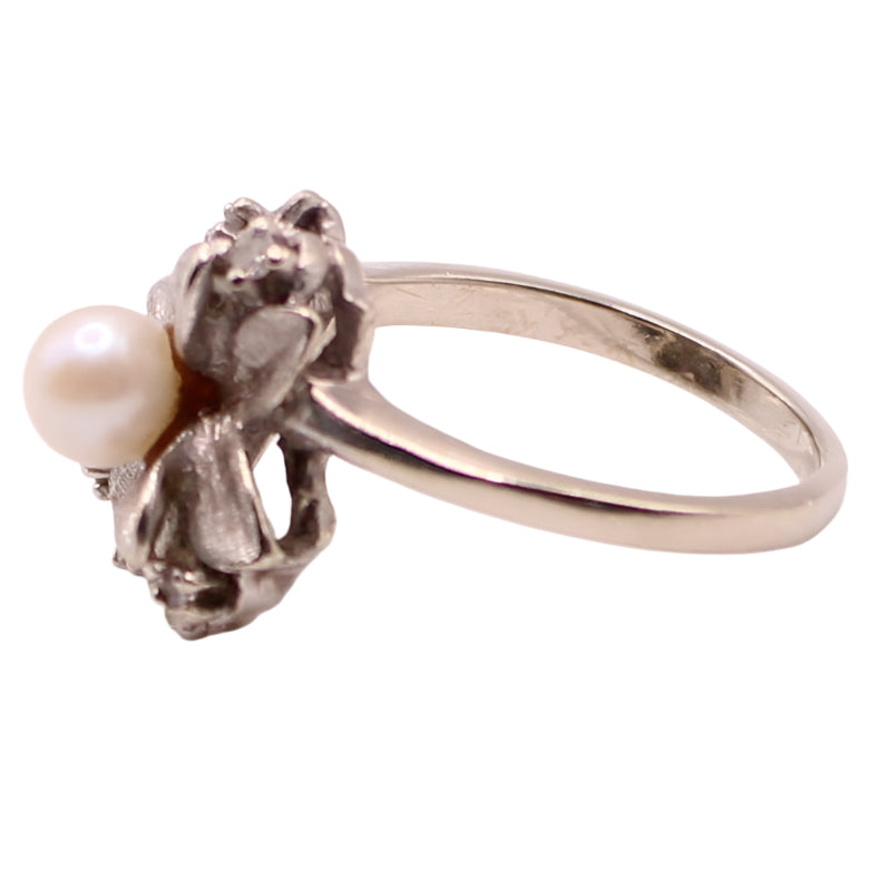 Antique Dason 14kt White Gold Diamond Pearl Flower Cocktail Ring