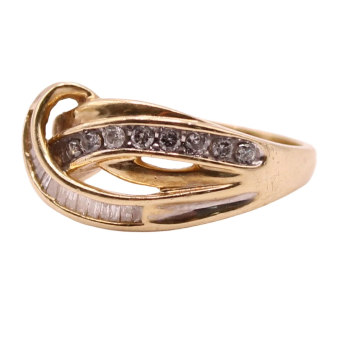 *SOLD* 10kt Yellow Gold Natural Diamond Round & Baguette Swirl Ribbon Ring
