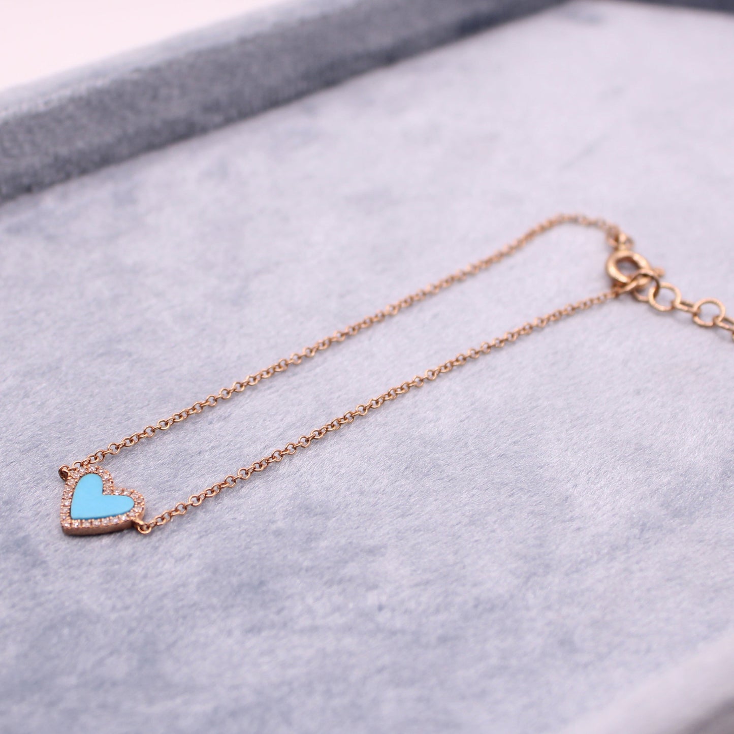 *SOLD* Jennifer Miller 14kt Rose Gold Diamond Turquoise Heart Charm Bracelet